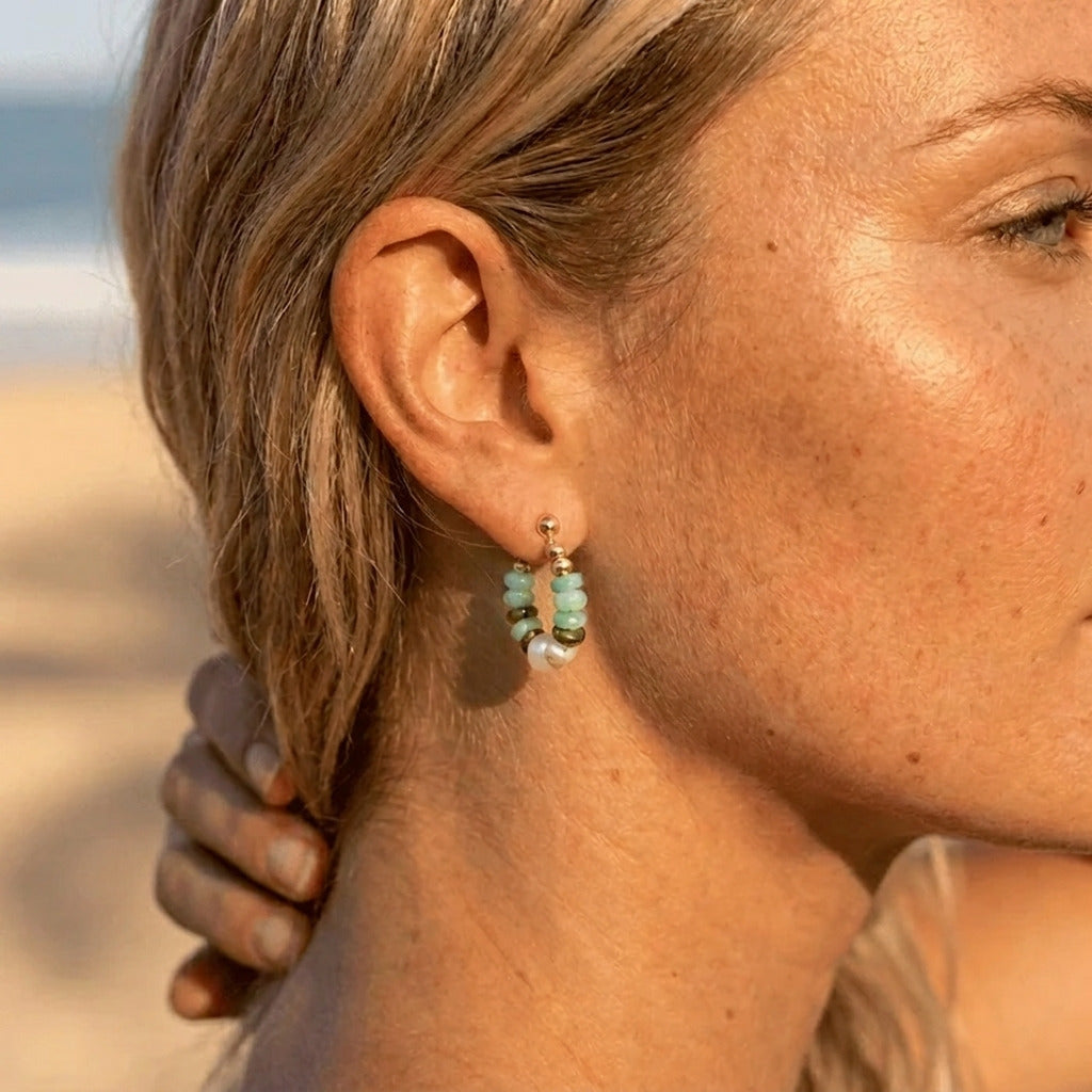 Turquoise Bead Pearl Hoops